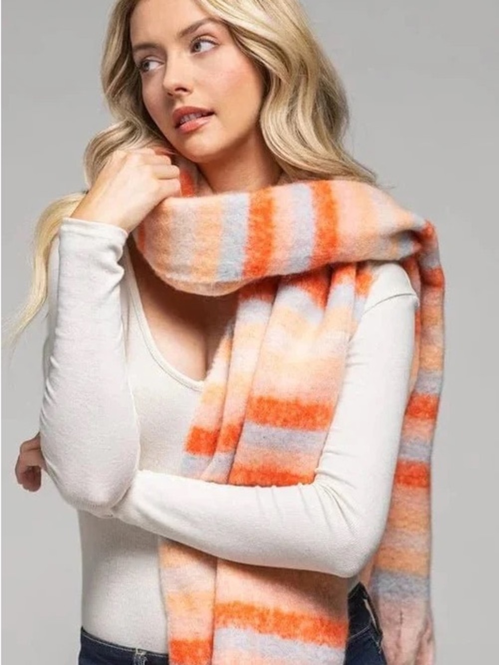 NWT Soft Striped Fringe Scarf in Orange and Cream - Picture 3 of 3